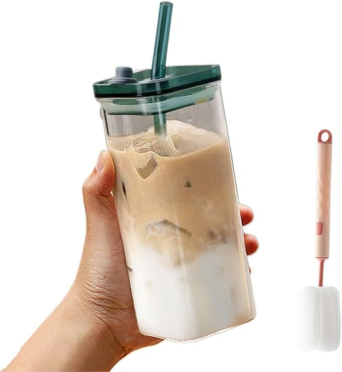 Square Shape Glass Cup with Handle & Lid (Pure Glass-No Plastic)