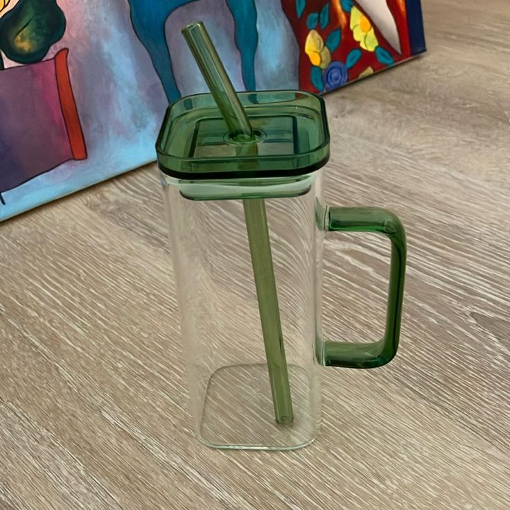 Square Shape Glass Cup with Handle & Lid (Pure Glass-No Plastic)