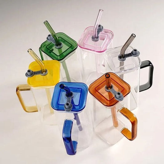 Square Shape Glass Cup with Handle & Lid (Pure Glass-No Plastic)