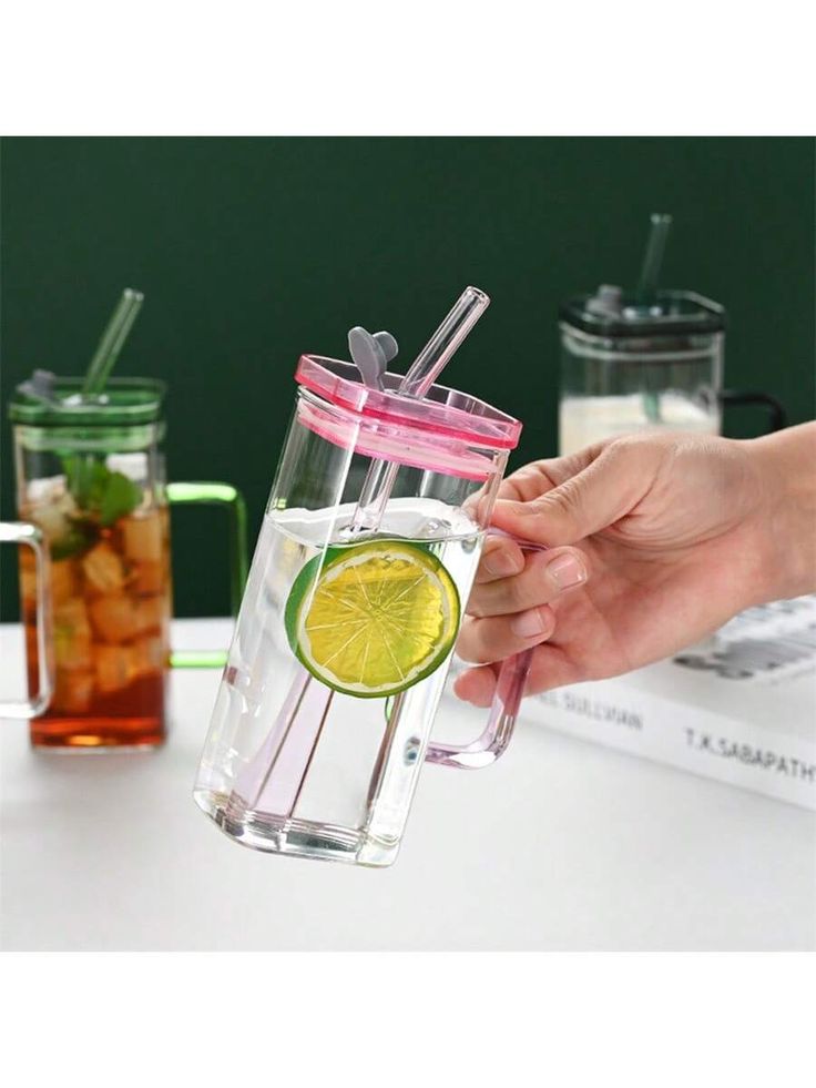 Square Shape Glass Cup with Handle & Lid (Pure Glass-No Plastic)