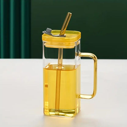 Square Shape Glass Cup with Handle & Lid (Pure Glass-No Plastic)