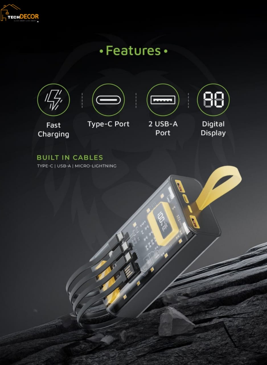 🔋 Super Fast Transparent Glass 20,000 mAh Power Bank – Built-in 4 Cables | Ultra-Powerful Lithium Battery