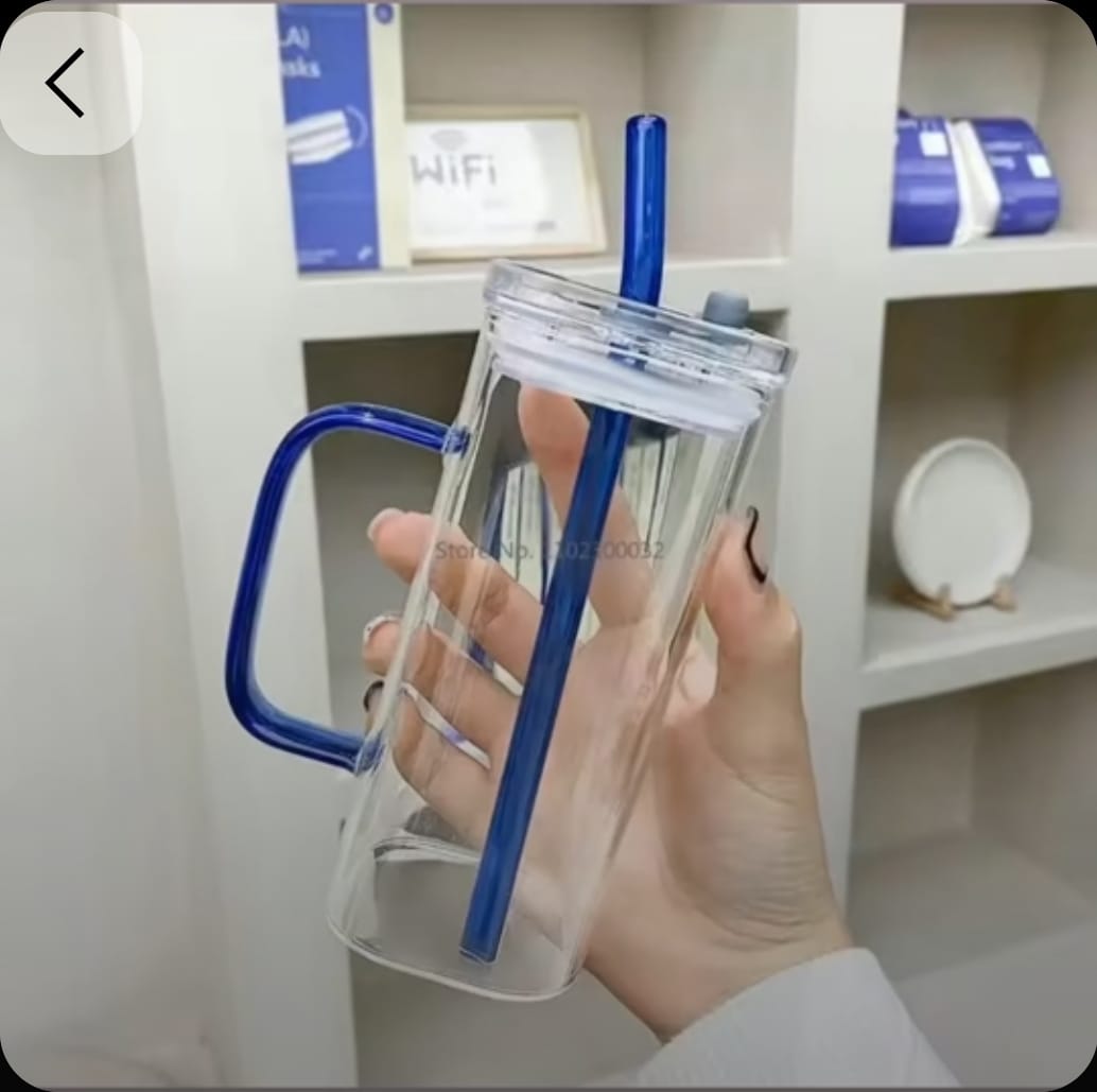 Square Shape Glass Cup with Handle & Lid (Pure Glass-No Plastic)