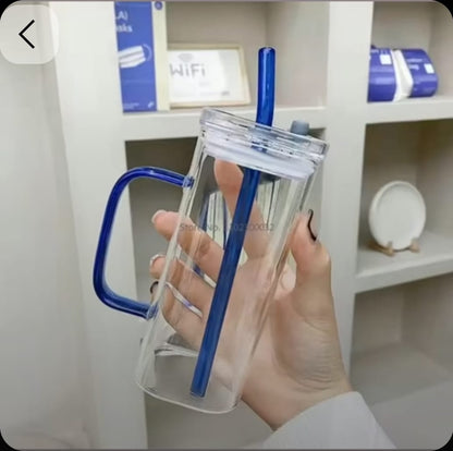 Square Shape Glass Cup with Handle & Lid (Pure Glass-No Plastic)